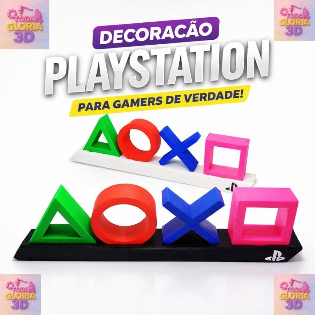 Decoração Letreiro Gamer Playstation 3D 23cm | Símbolos PS Coloridos Suporte Decorativo Playstation