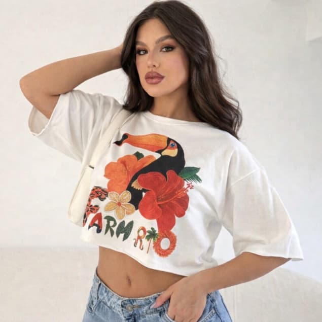 Cropped Oversized Feminino Tucano Flor Laranja Tropical Verão Praia Algodão