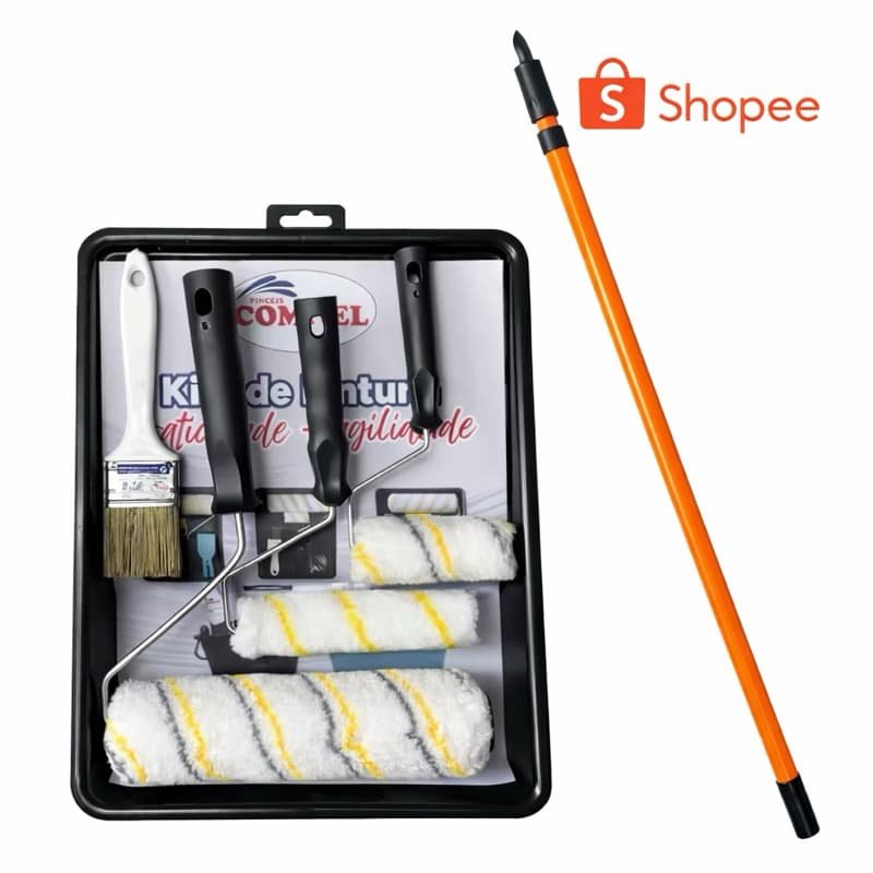 Kit Pintura Profissional Completo + Extensor Telescópico 2,4m Compel Sem Respingo Rolo 23cm 15cm 9cm Bandeja Pincel 2”