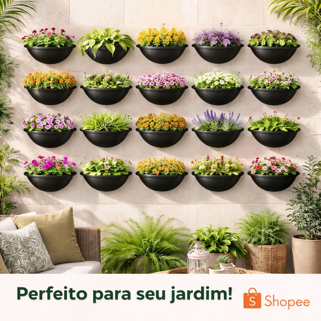 Kit  Vasos de Parede Meia Lua Preto de Plastico Plantas e Flores
