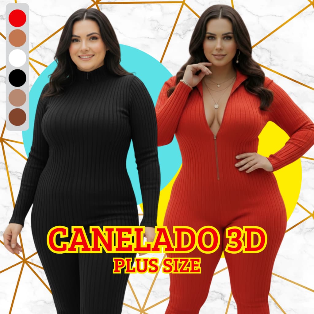 Macacão Virginia Plus Size Canelado 3D 😝🤑 Modelador Manga Longa Não Transparente Gordinha G1 G3