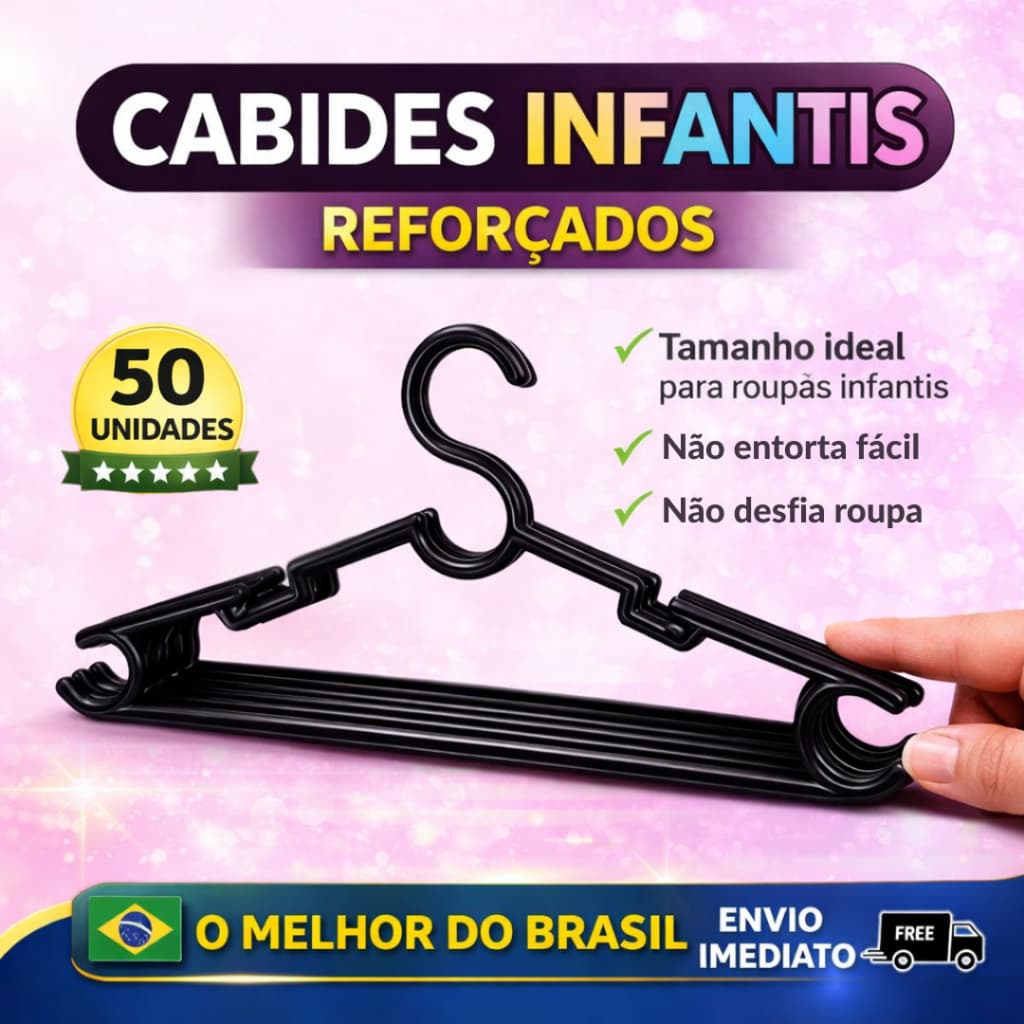 Cabide Infantil Preto Resistente Multifuncional 28cm 10 a 50 Unidades Organizar Roupas Crianças