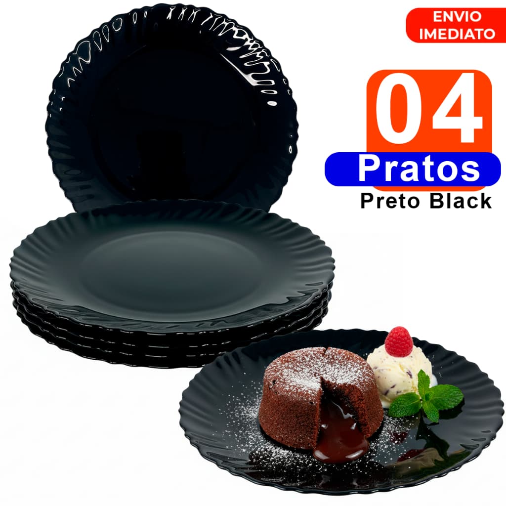 Jogo Pratos Para Sobremesa 04 Unidades em Vidro preto semelhante Duralex Resistente