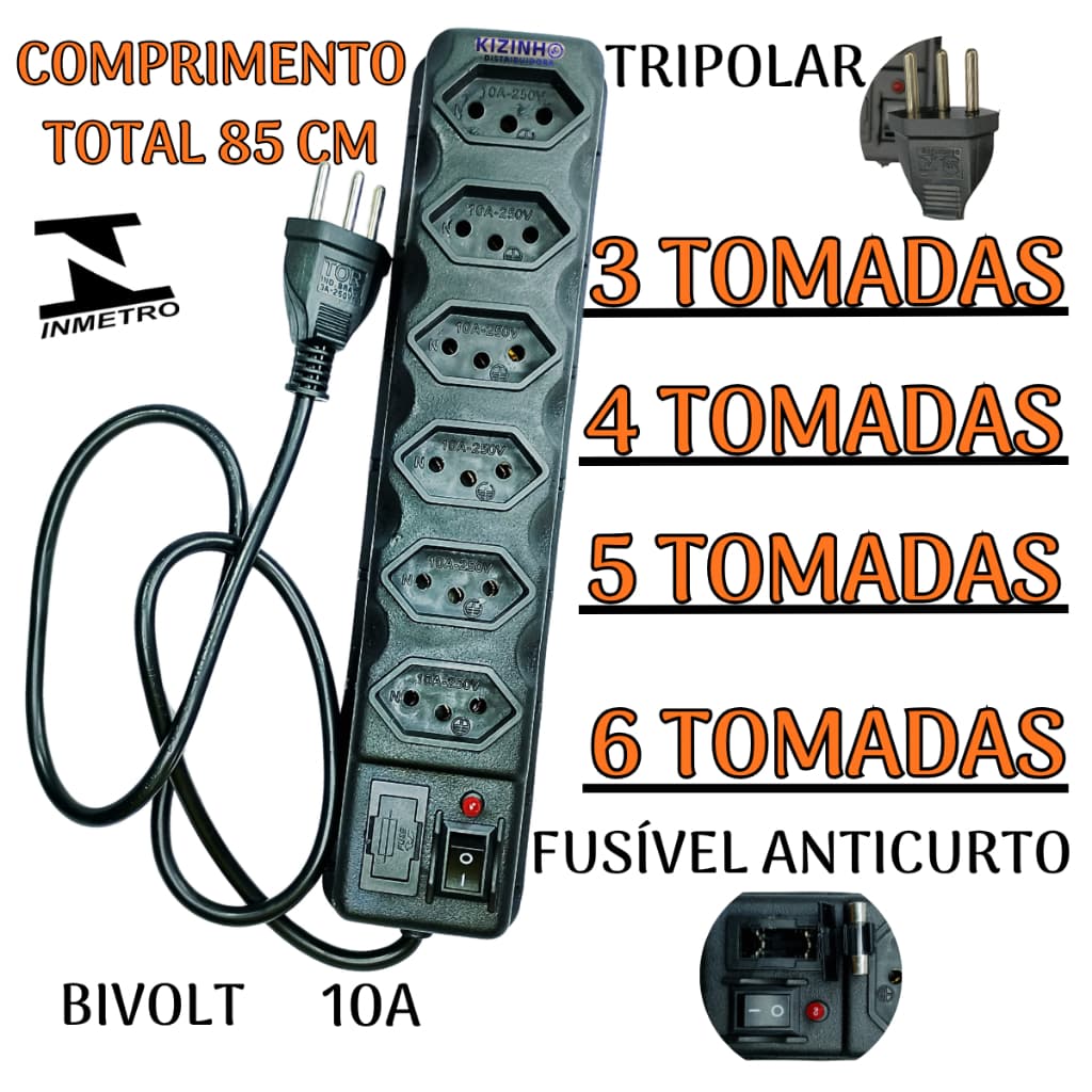 Filtro de Linha Bivolt 10 Amperes Fusível 3A Tamanhos 3, 4, 5 e 6 Tomadas Comprimento Total 85CM