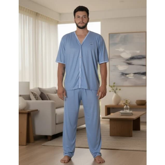 Pijama Aberto Masculino fechamento com Botão Calça Comprida Manga Curta Adulto Decote V Malha Tecido Liso Com Bordado