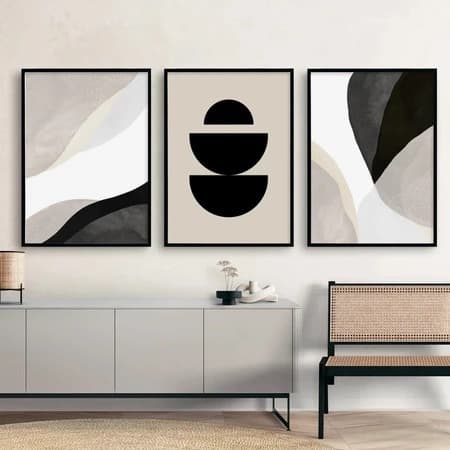 Kit 3 Quadros Decorativos Abstrato Preto Bege Moderna Minimalista Geométrica Sala Quarto Escritório