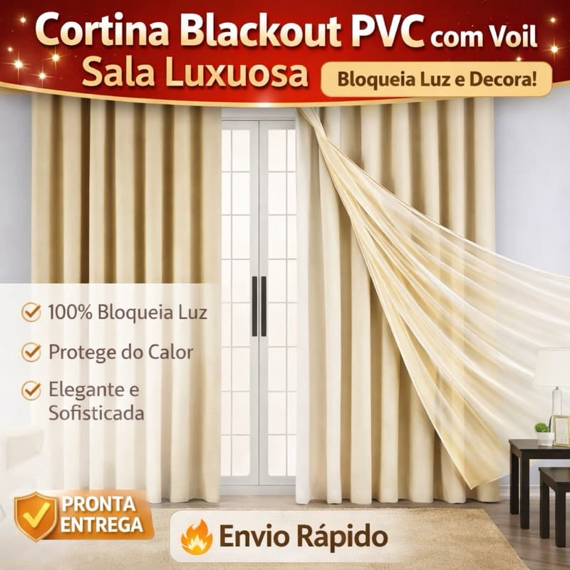 Cortina Blackout PVC com Voil liso 100% Bloqueia Luz Luxo Sala Quarto 2,80x2,70 Envio Rápido