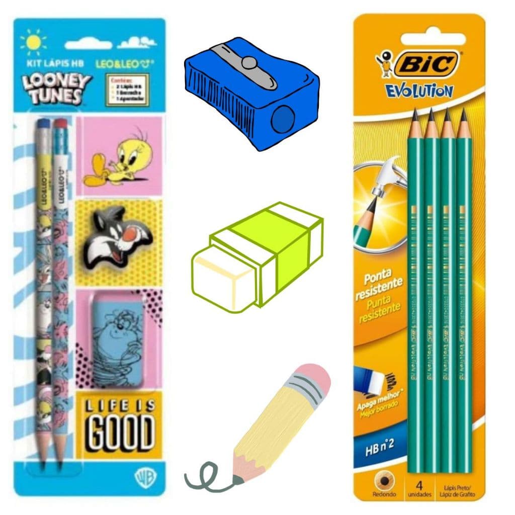 Kit Escolar 4 peças lápis apontador borracha dinossauro pinguim looney tunes pet solar bic