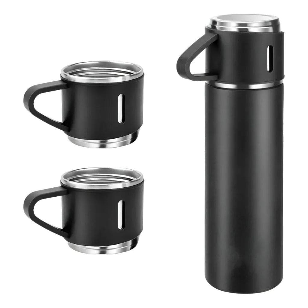 Kit Garrafa Térmica 500ml Com Copo Frio/Quente Aço Inoxidável Esportivo Só Preto