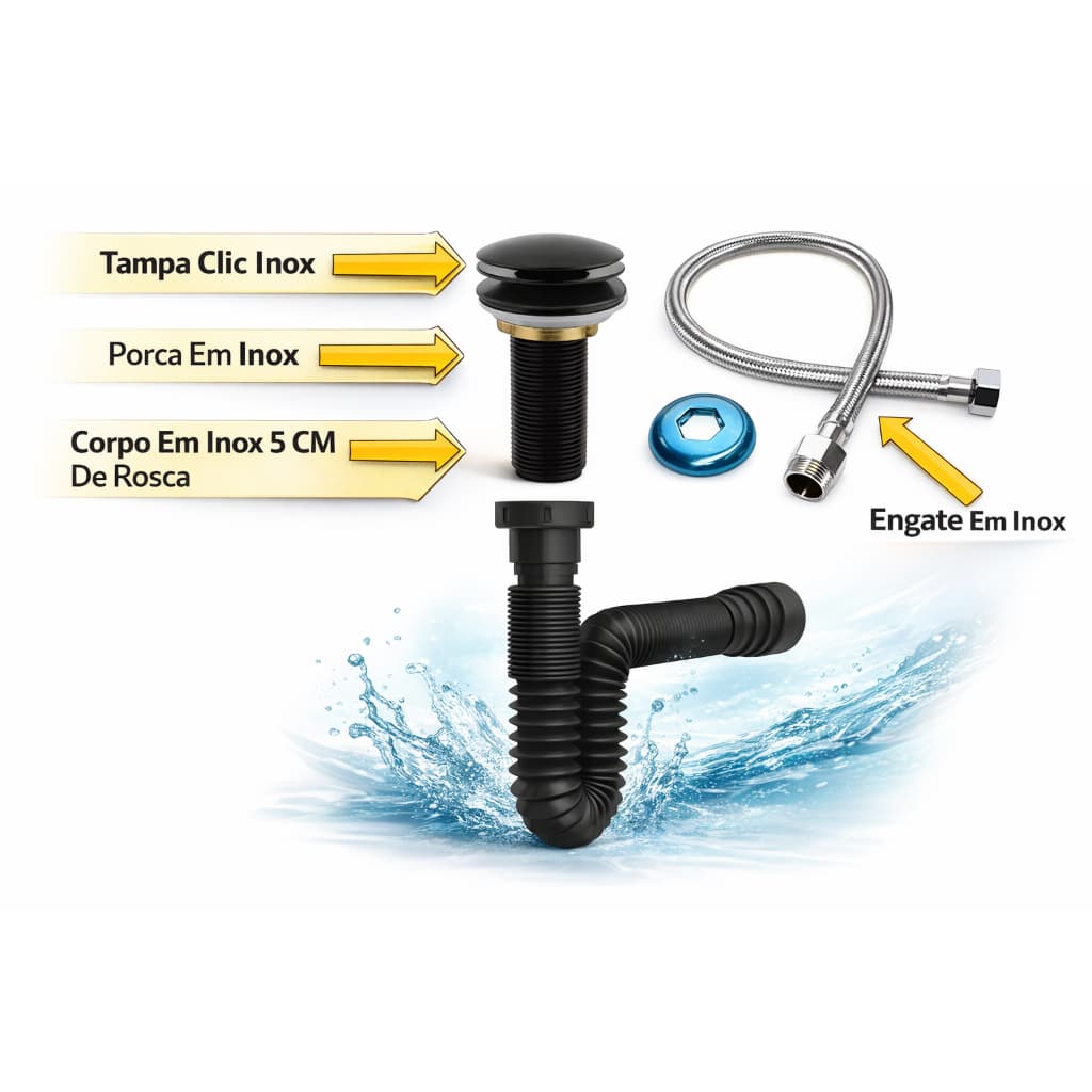 Link Metais, Kit Valvula Clic, Sifao e engate, Acessorios Para Banheiro, Cor Preto