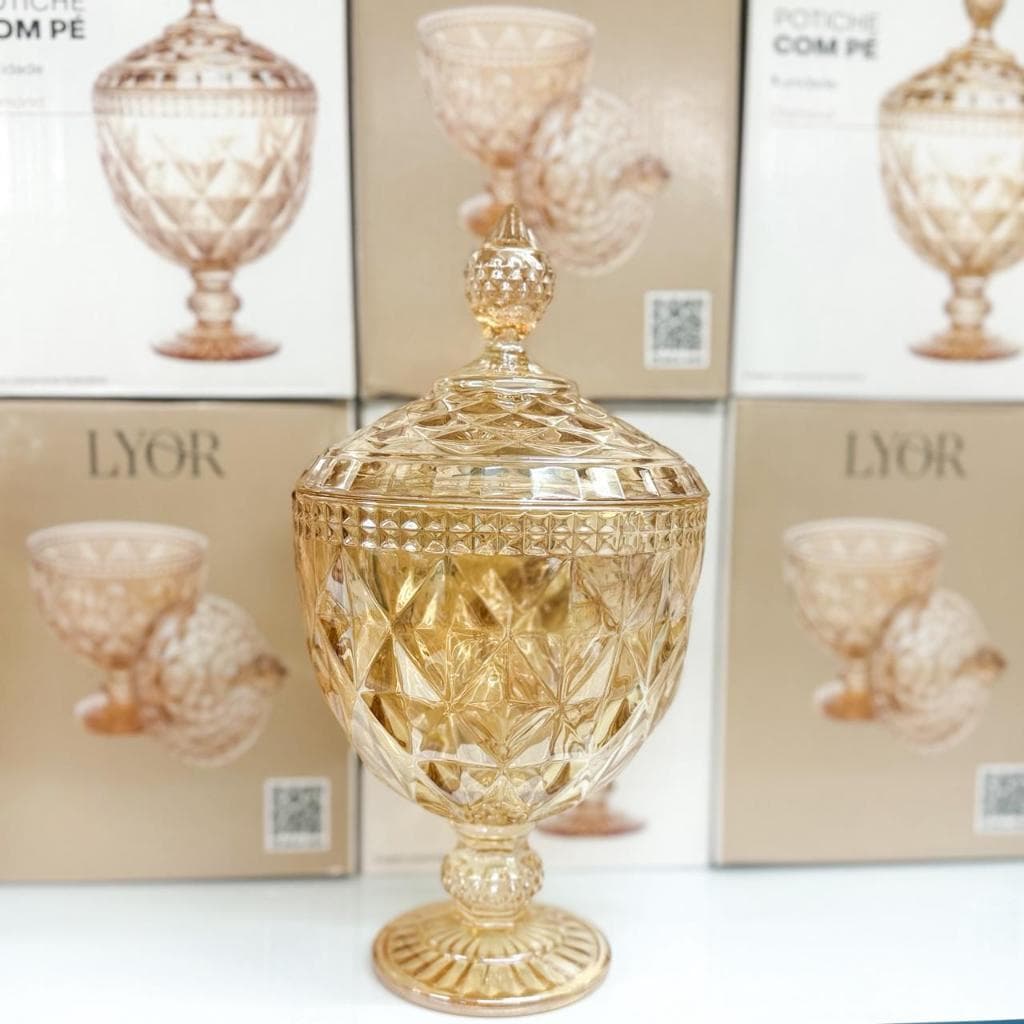 Bomboniere Potiche Gold de Vidro com Pé  Luxo Decorativo Metalizada