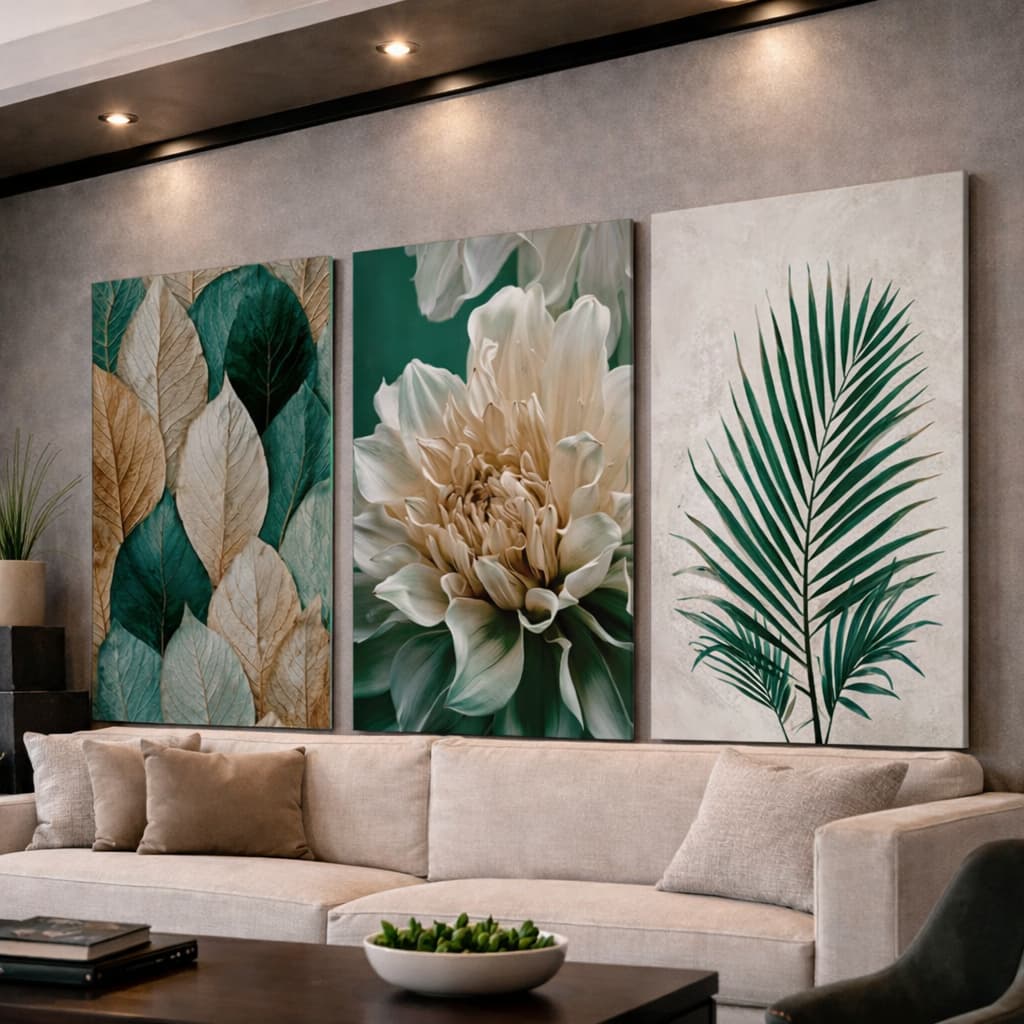 Quadros Decorativos 3 Peças Folhagem Natural Green Folhas Sala Quarto Hall