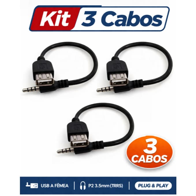 Kit 3 Cabo Adaptador P2 X Usb Femea Automotivo 3,5mm Mp3 Mp4 Auxiliar Pendrives e outros dispositivos USB