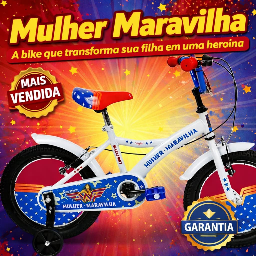 👉 Bicicleta Infantil Mulher Maravilha Aro 16 com Rodinhas | Bike Feminina Segura para Crianças 4 a 8 Anos