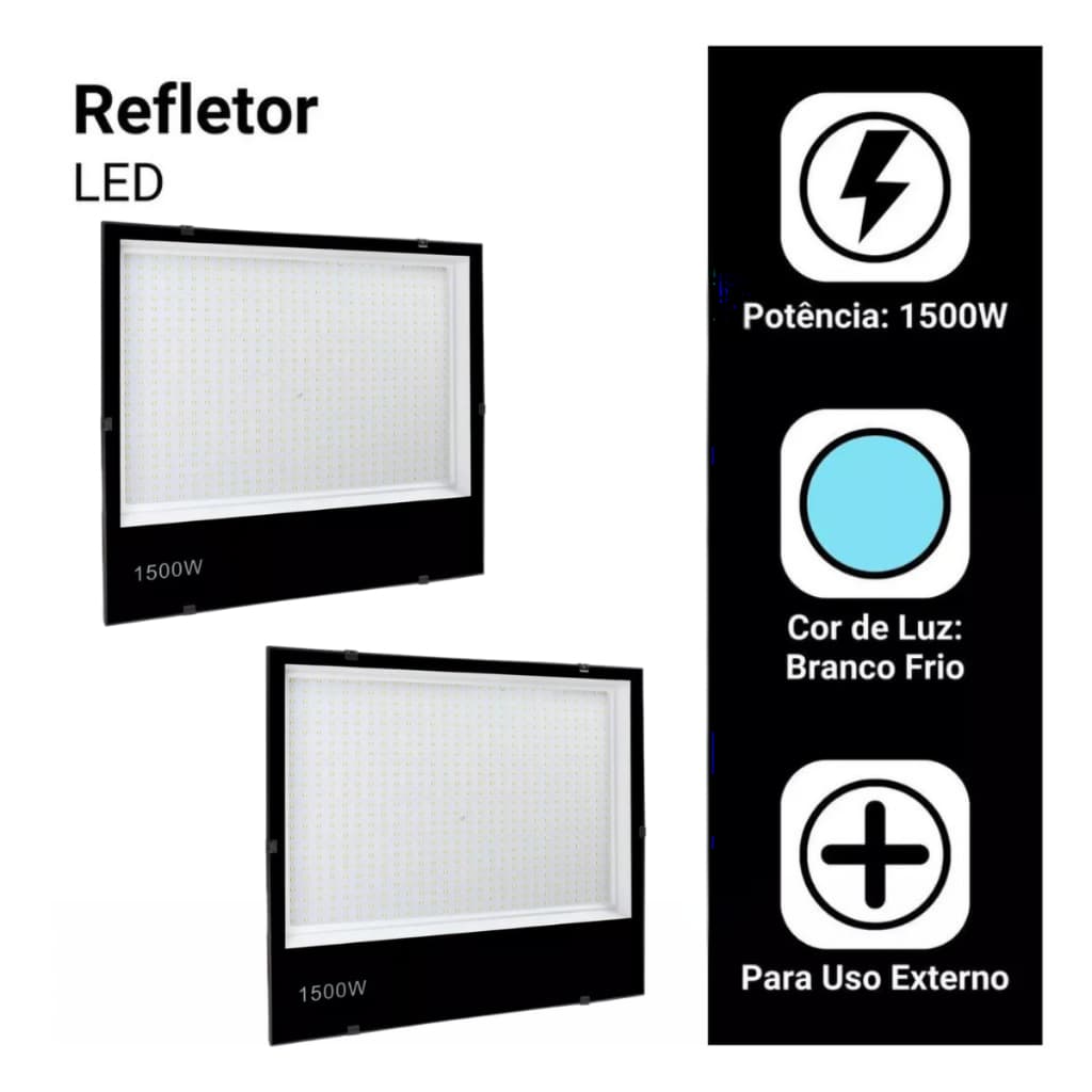 Kit 2 Refletores Holofote LED 1500W SMD | Branco Frio IP66 Bivolt Super Potente - Ecoboss