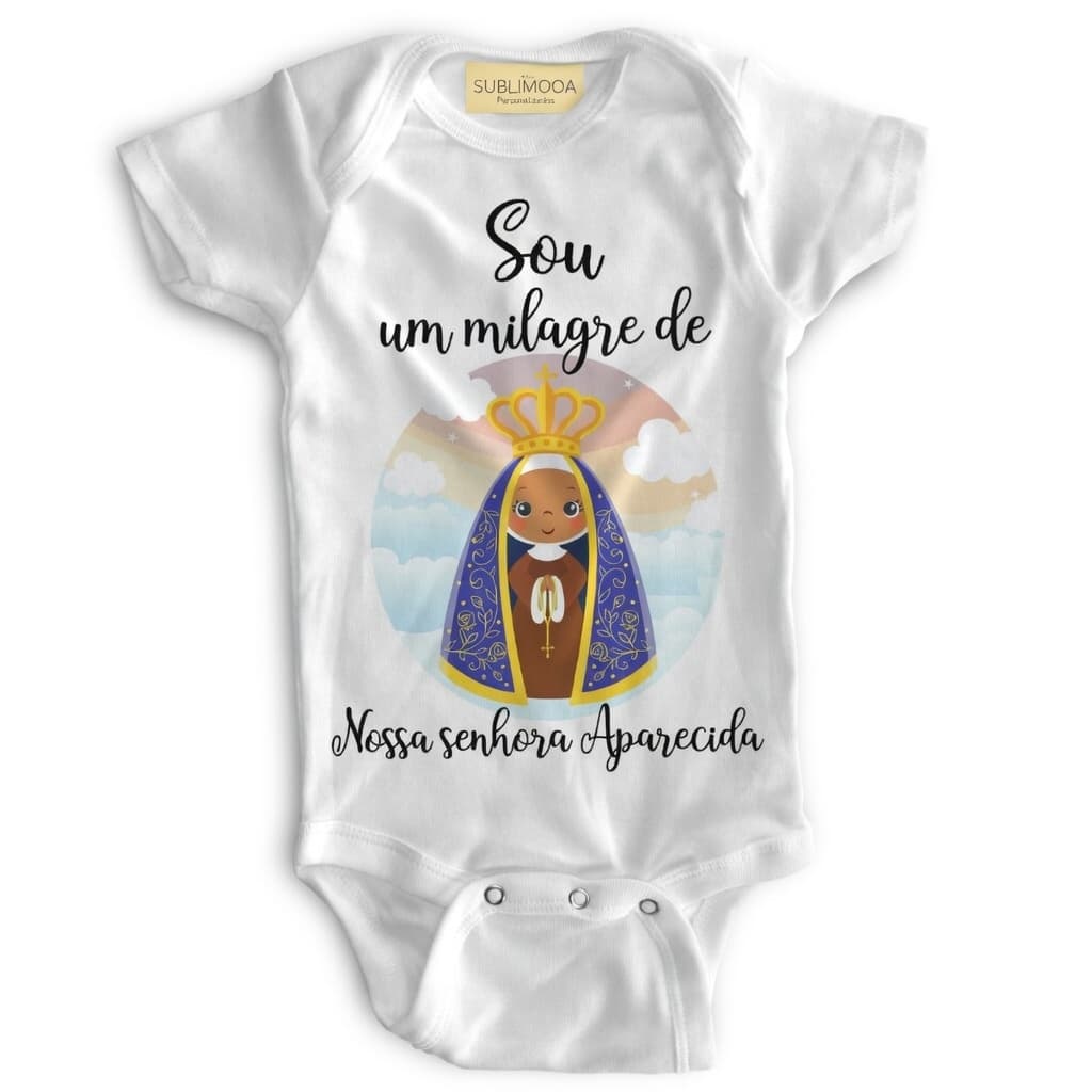 🙏 Body Bebê Personalizado - Sou um Milagre de Nossa Senhora Aparecida - Poliéster + Elastano 🙏