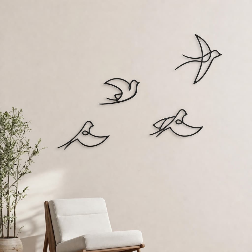 Quadro Decorativos 4 pássaros de parede Minimalista Mdf Preto Aplique