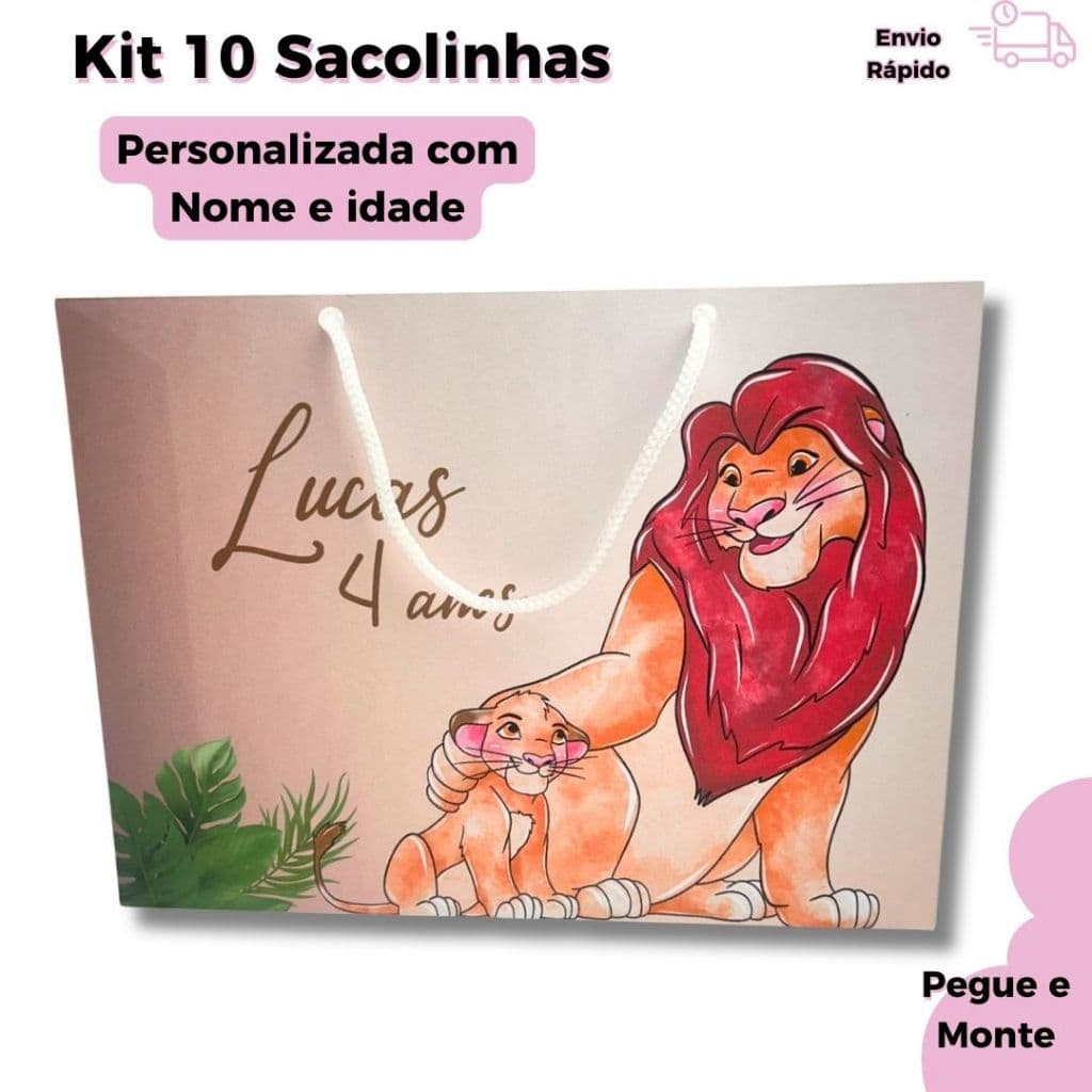 Kit Sacolinha Personalizada Rei Leão | Lembrancinha Festa Infantil | Pegue e Monte