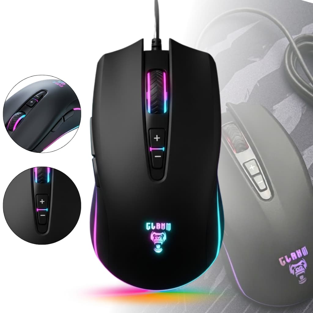 Mouse Gamer Para Jogo Luz Led RGB 7 Botões DPI 800-6400 Com Fio USB - Clanm SKIPPER