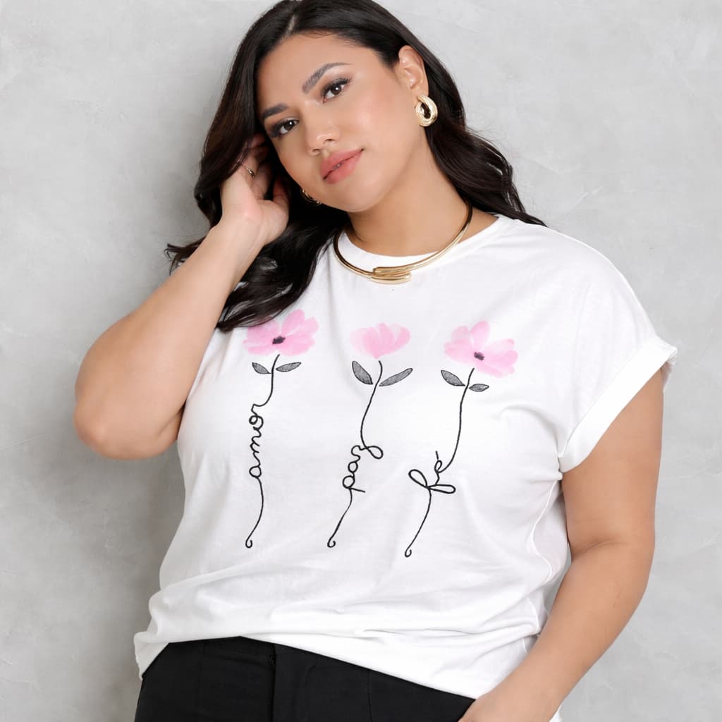 Blusa Feminina Plus Size Manga Japonesa Amor Paz Fé 100% Algodão