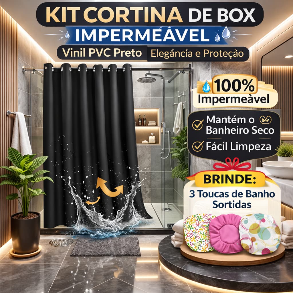 Cortina para Box de Banheiro PVC Preta Impermeável 1,38x1,98 Vinil Luxo com Ilhós Reforçado