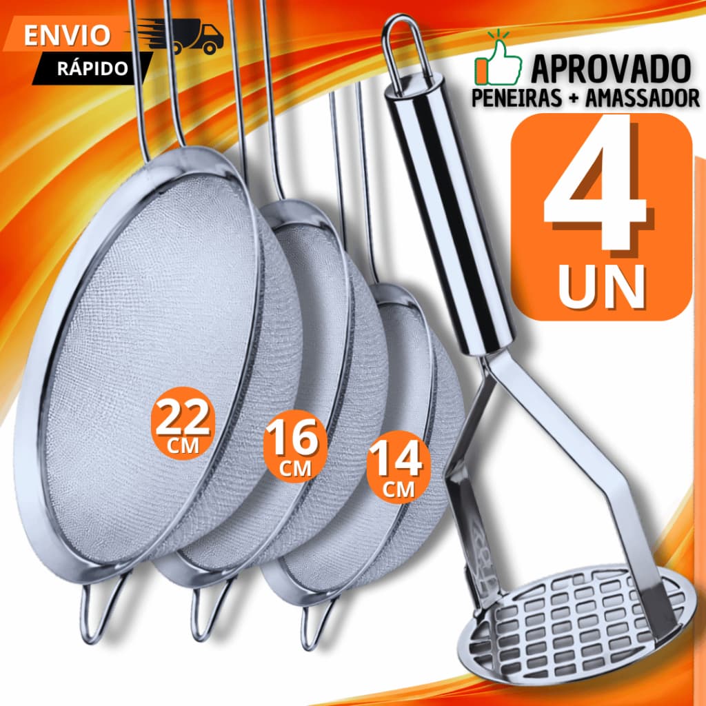 Kit 04 Und - 1 Amassador de Btatass +3  Peneiras Coador Manual Aço Inox Para Cozinha 14CM  16CM 22CM