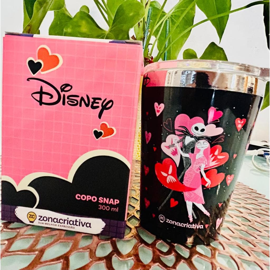 Copo Térmico 300ml Disney Zonacriativa • Jack & Sally • Tampa Hermética 🎁✨