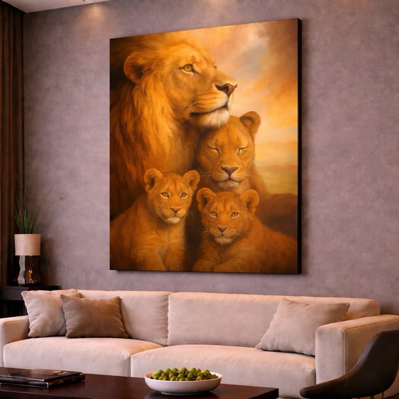 Quadro Decorativo Leão Familia Filhotes Luxo Sala Quarto Hall
