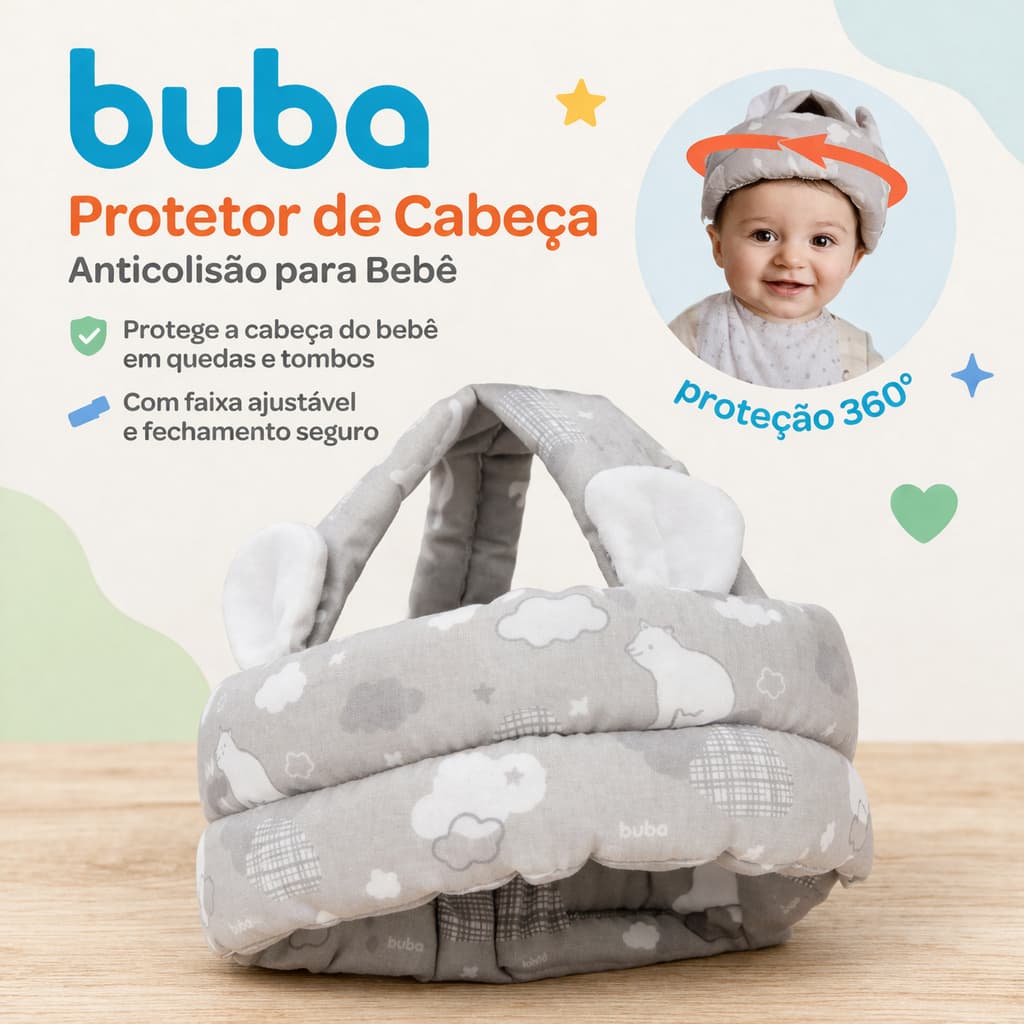 Protetor de Cabeça Anticolisão Buba para Bebê - Leve e Ajustável com Proteção 360°