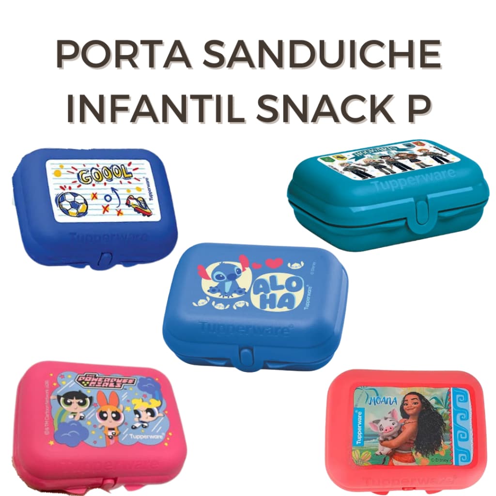 Sanduicheira infantil Porta Snack Pequeno Tupperware Original Tapaué lanche biscoito FUTEBOL/STITCH/SUPER PODEROSAS/MOAN