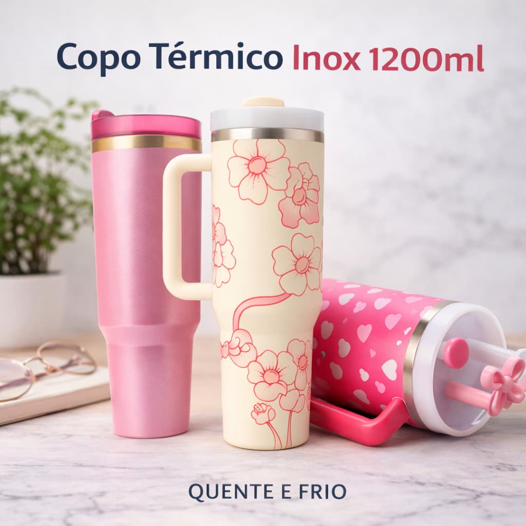 Copo Térmico Inox 1200ml com Tampa, Canudo e Alça – Mantém Bebidas Quentes e Frias