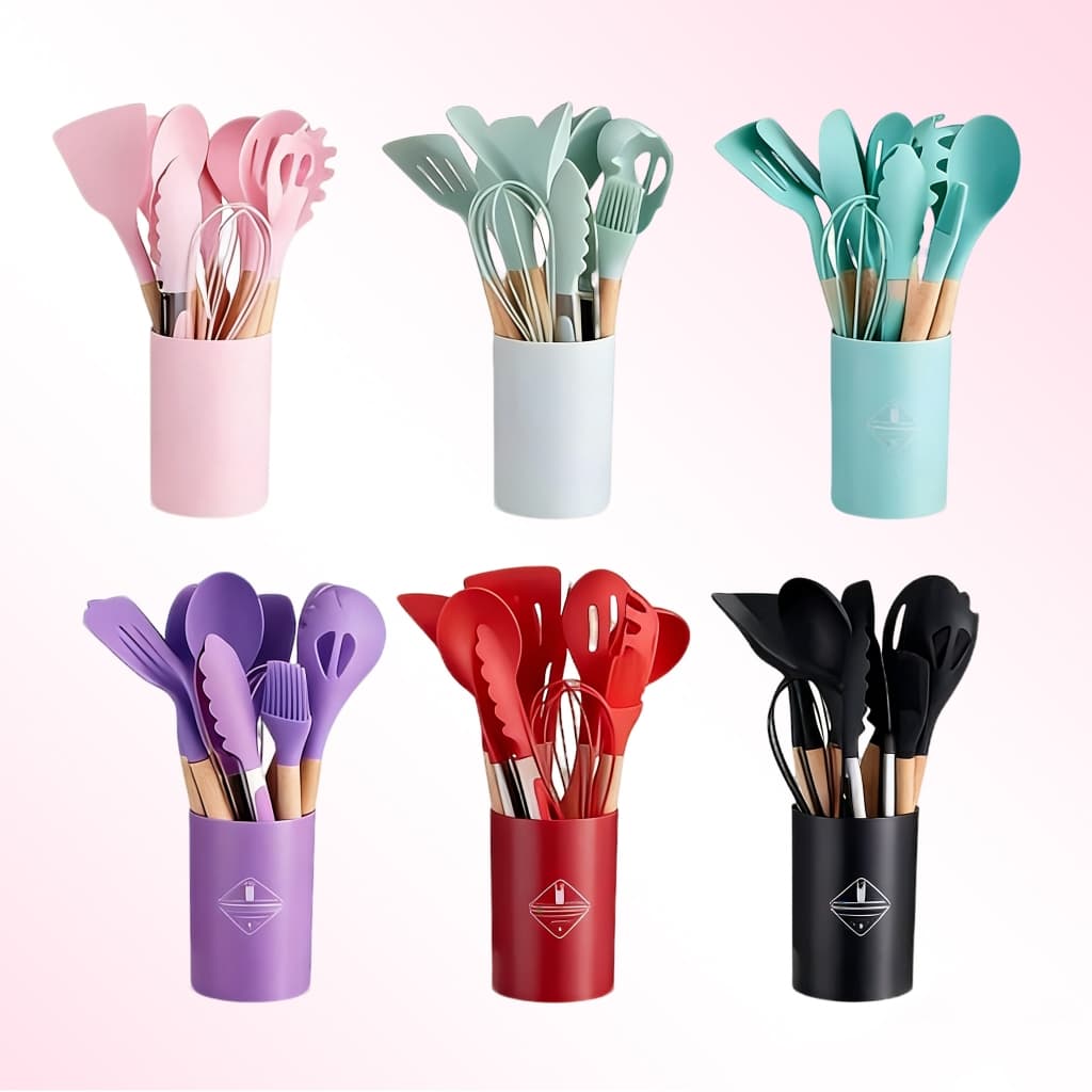 Kit Utensílios Cozinha 12 Peças Silicone Bambu Antiaderente Ecológico Conjunto 🍳🌿✨