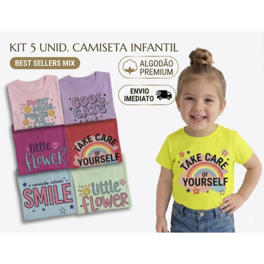 Kit 5 Camisetas Menina Blusa Manga Curta Infantil Estilosa Algodão Atacado Regata Verão 1 ao 16 anos