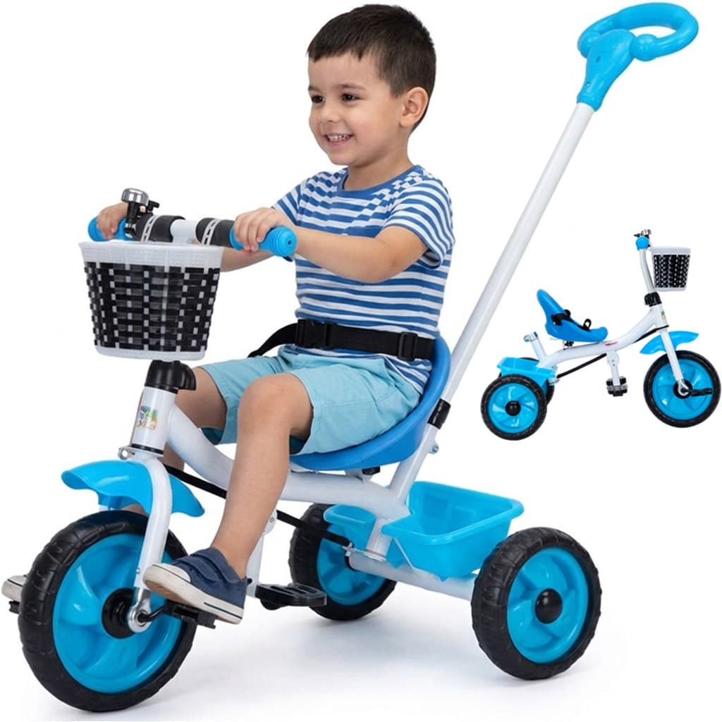 Triciclo Infantil com Empurrador Haste Removível Pedal E Cesto Suporta 30kg Passeio Seguro 2 Anos