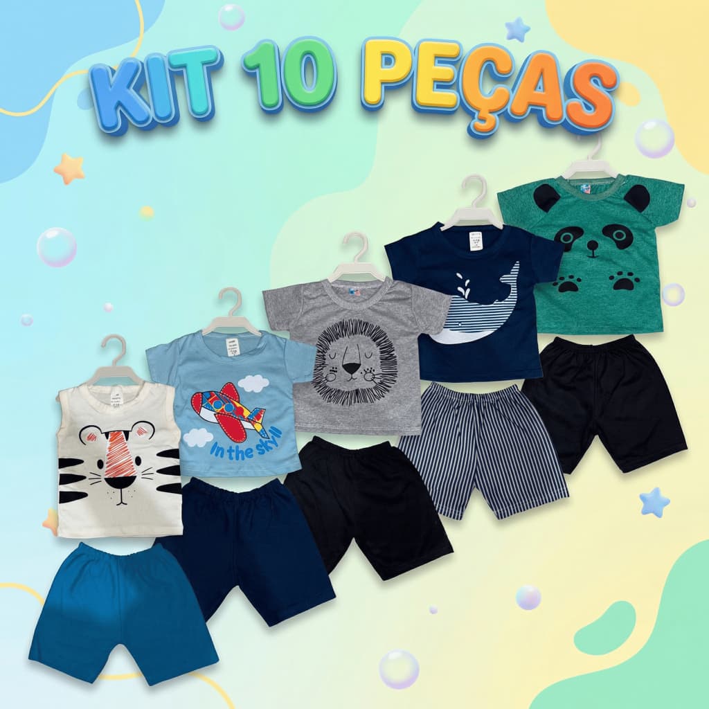 Kit 10 Peças Roupa de Bebê Menino Conjunto Infantil Estampas Divertidas 5 Camisas + 5 Bermudas Inverno Algodão