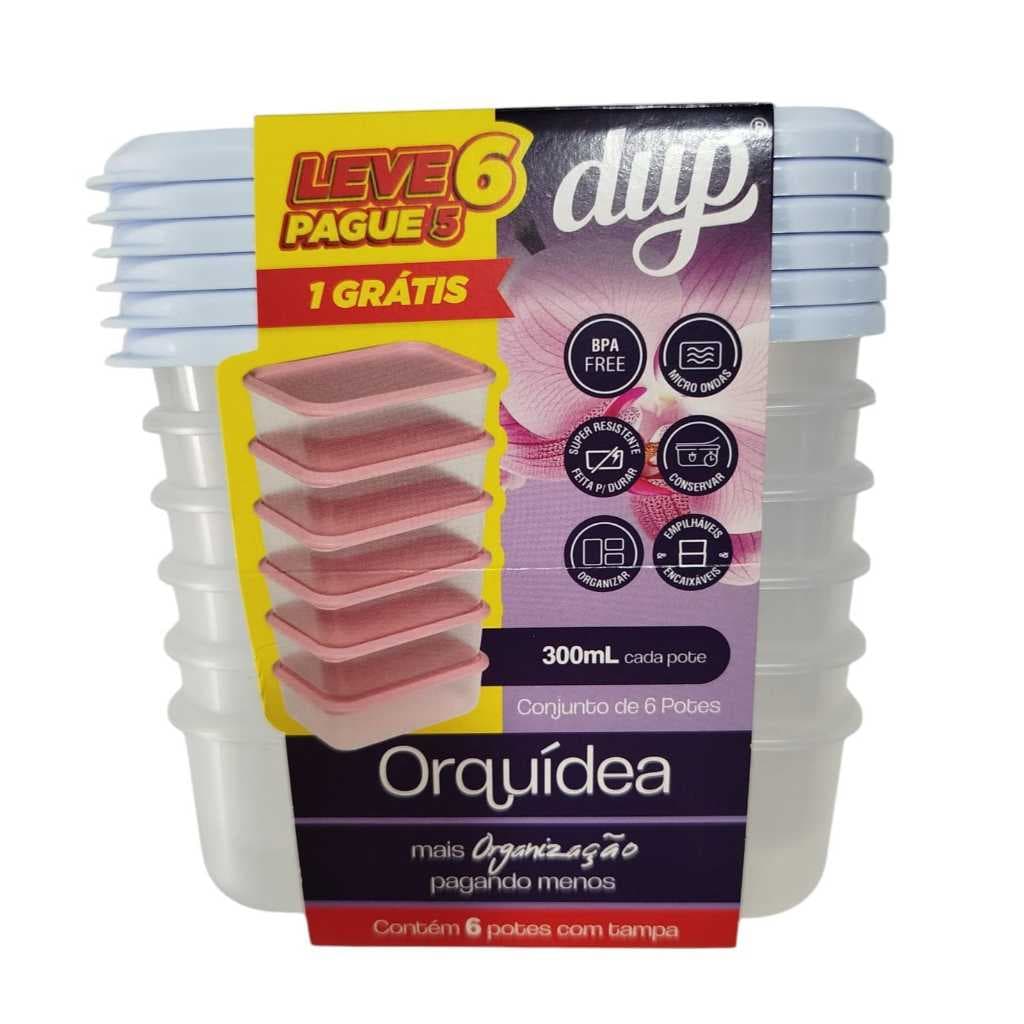 Kit 6 Potes Cristal Herméticos DUP Orquídea 300ml Plástico Livre de BPA Freezer Micro-ondas