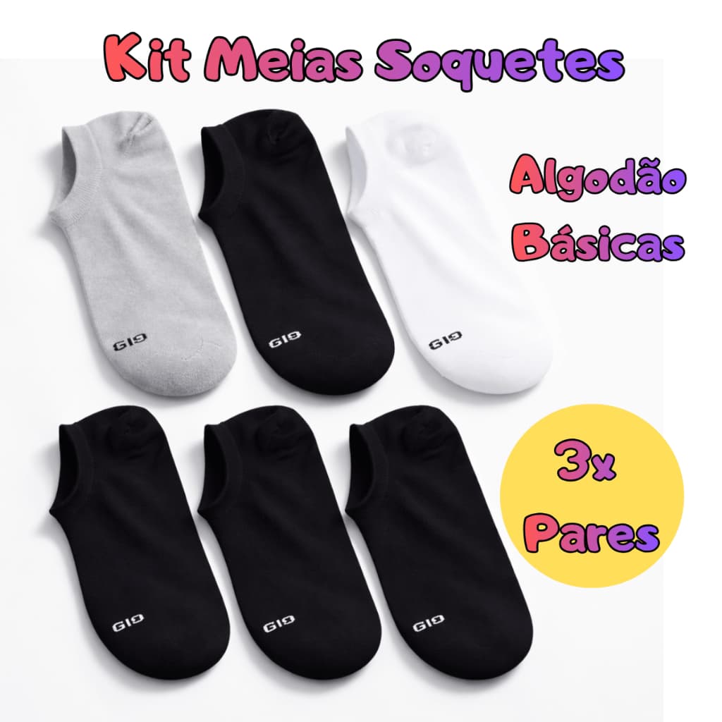 Kit 3 Meias Soquete Algodão Meias Básicas Masculino Feminino Unissex Cano Curto Confortáveis