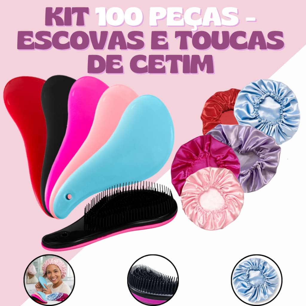 Kit 100 Unidades - 50 Escovas Mágicas e 50 Toucas de Cetim