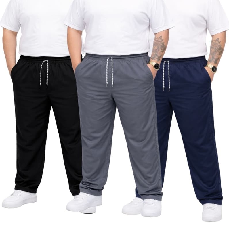 Kit 3 Calças Tactel Grosso Plus Size  Masculina Elástico Cordão P Amarrar Costura Reforçada 3 Bolsos