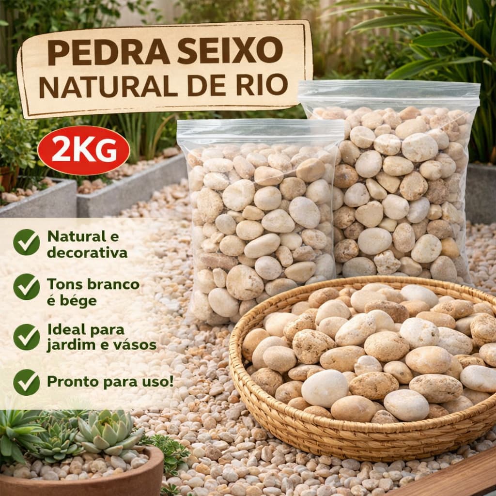 Pedra Seixo Natural de Rio 2kg N1 e N2 Decorativo Jardim Paisagismo Vasos Aquário Branco Bege