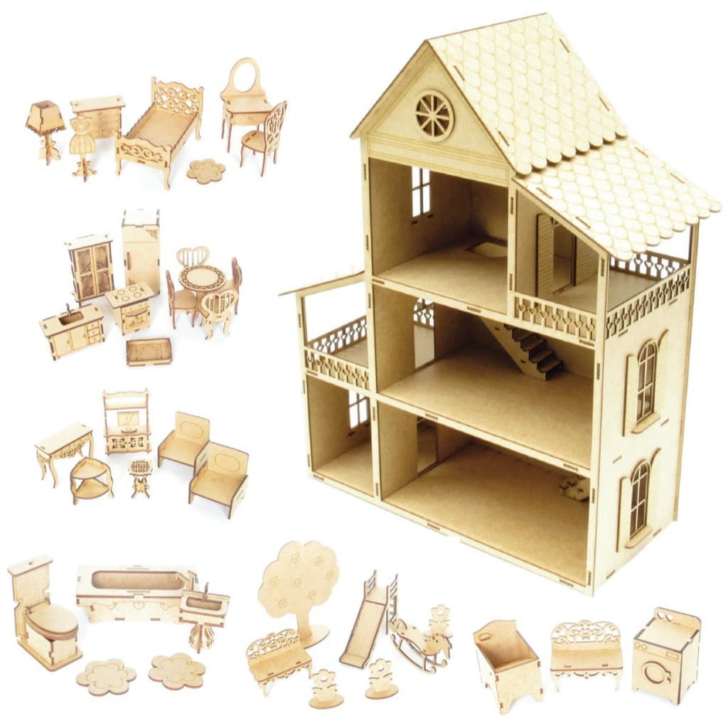 Casinha de boneca 60 cm em mdf cru + mini móveis