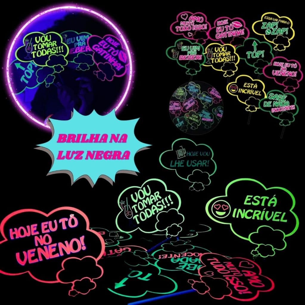 Kit Plaquinha 20un Para Festa Frases Divertidas Neon Brilha Na Luz Negra Coloridas