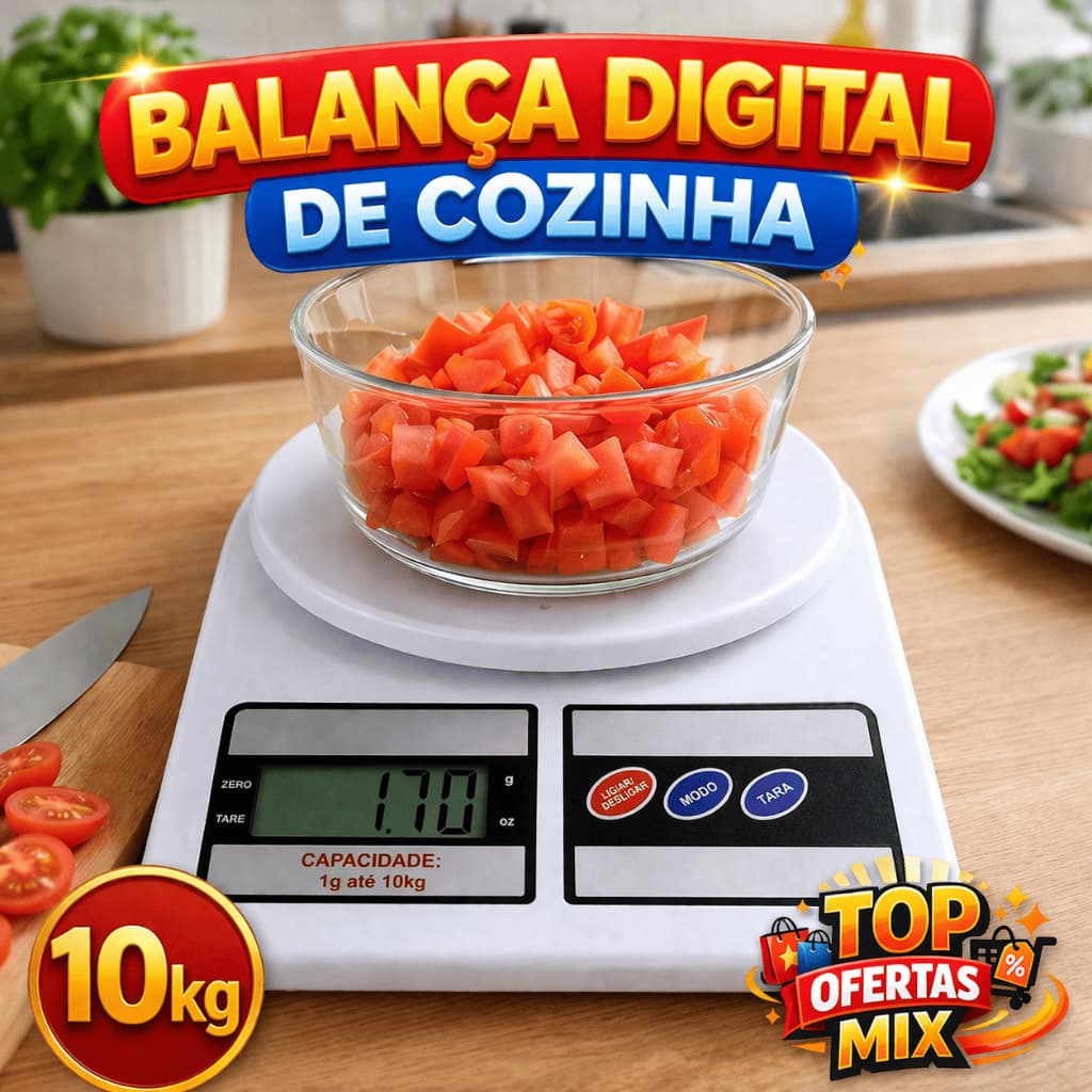 Balança Digital de Cozinha Capacidade 10kg Função Tara Alta Precisão Dieta Fitness Display LCD