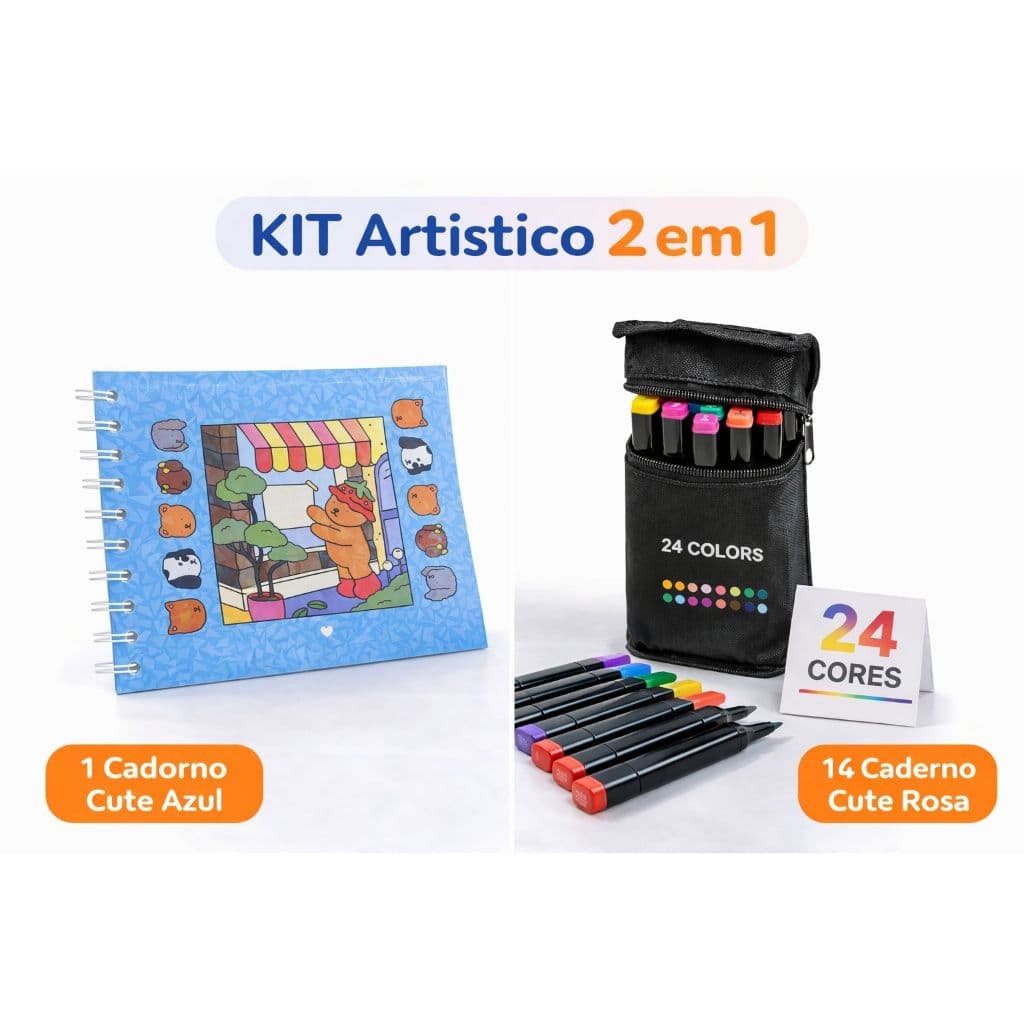 Kit 2 Em 1 Caneta 24 Cor E Caderno De Colorir | Caderno Escolar Fofo Infantil