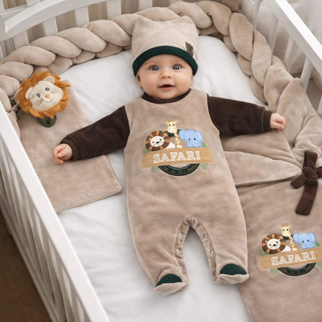 Saída Maternidade Safari Luxo Completa Bebê Plush Macacão + Saco de Dormir + Naninha