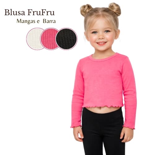 Blusa Manga Longa Fru-Fru Babado Infantil Cropped Manga Comprida Casual Básica Feminina Confortável
