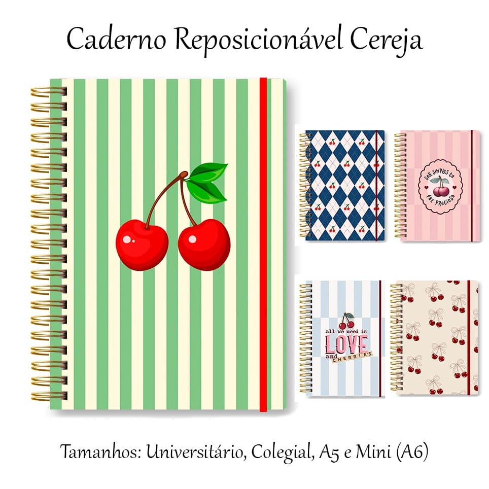 Caderno Reposicionável Smart Cereja - Universitário, Colegial, A5 e Mini