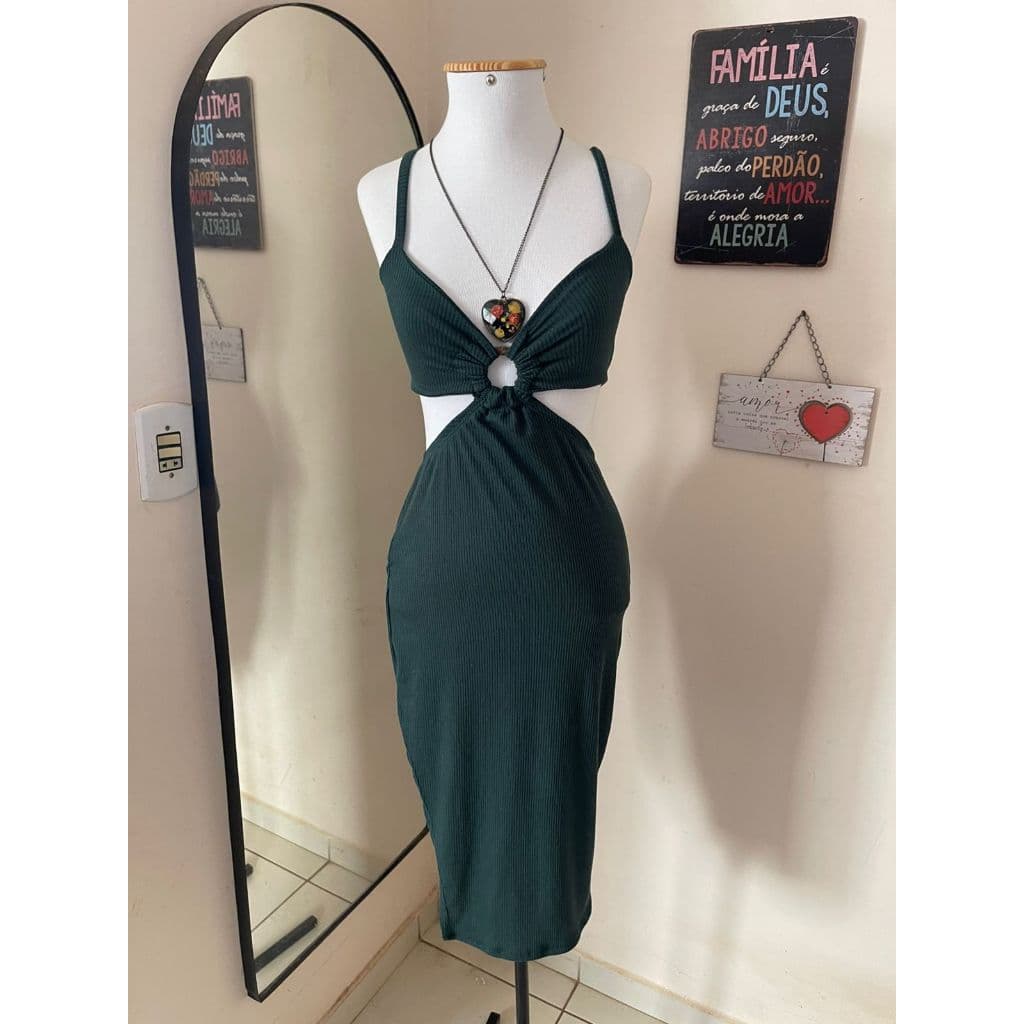 Vestido Feminino Canelado Mid Cut Verde Elegante | Brechó Vintage