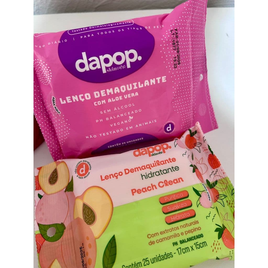 Kit Lenços Demaquilantes Dapop Peach Clean + Aloe Vera Limpeza Facial Removedor de Maquiagem
