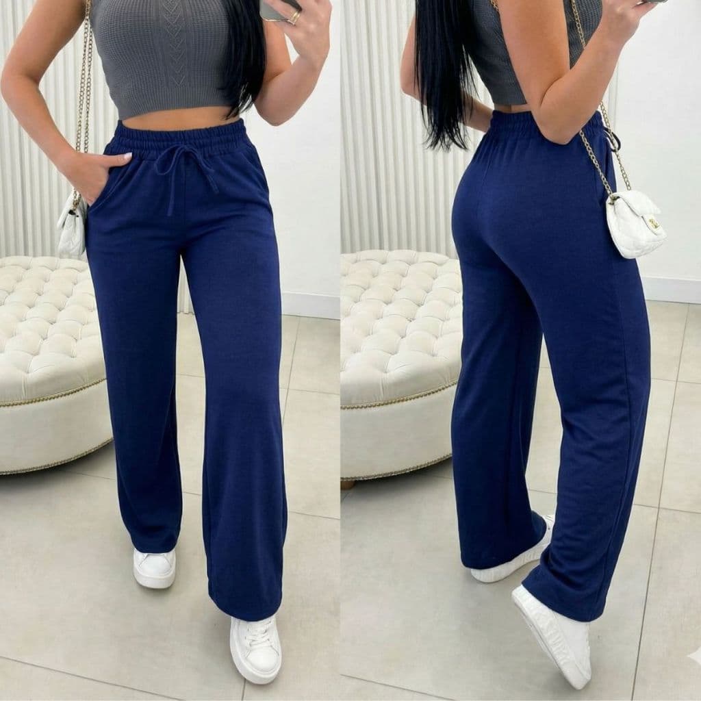 Calça Pantalona cintura alta feminine Com Bolso Com Elastico Confortavel Tecido Lanzinha Outono Inverno Promoção